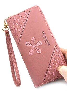 Womens Long Zipper Bag Womens Embroidered Solid Color Clut
