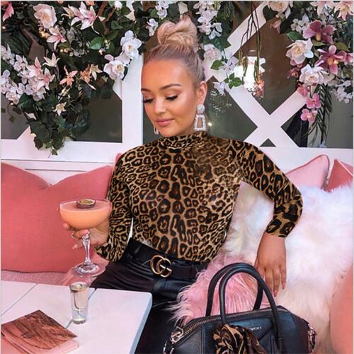 Women Leopard Bodysuit Turtleneck Long Sleeve Stretch Romper