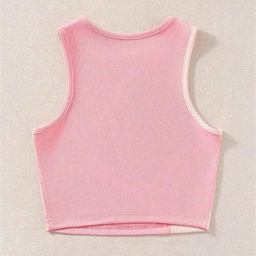 Womens Ribbed Knit Pink Tank Top O-neck Sleeveless Cute Bab