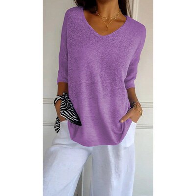Knitted Sweater Basic Style Slimming V-neck And Three-quarte