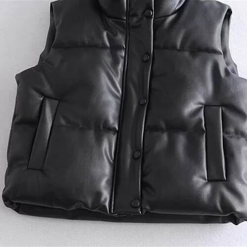 2023 Autumn Winter PU Leather Coat Women Black Stand Collar