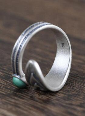 New Geometric Inlay Turquoise Open Ring Vintage Peacock Feat