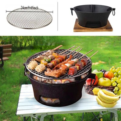 Circular Outdoor Charcoal Grill, Portable Cast Iron BBQ with