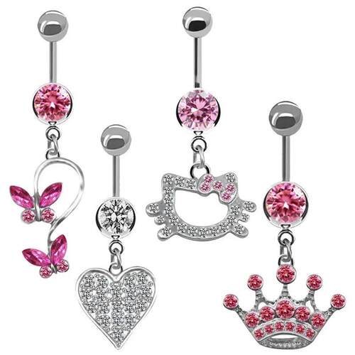 Sweet Butterfly Crown Heart Drop Belly Button Pink White Cry