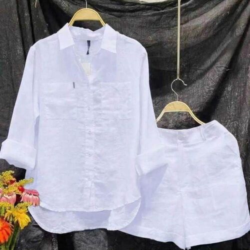 Fashion White Long Sleeve Shirt And Shorts Two Piece Sets Wo