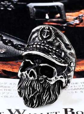 Stainless Steel Cast Pirate Captain Skull Ring Mens Person
