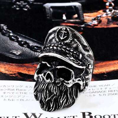 Stainless Steel Cast Pirate Captain Skull Ring Mens Person