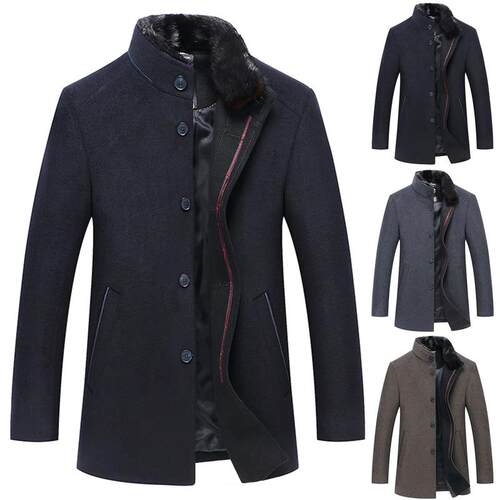 New Winter Men Business Casual Woolen Blends Fur Collar Male