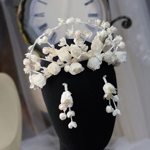 Beige Floral Flower Brides Tiaras Headpieces with Earring  S