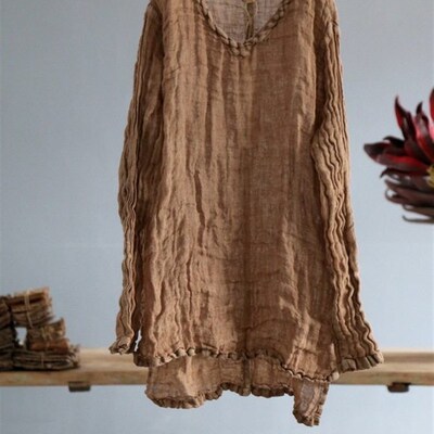 Women Loose V Neck Linen ops Blouse Shirt Female Vintage Irr