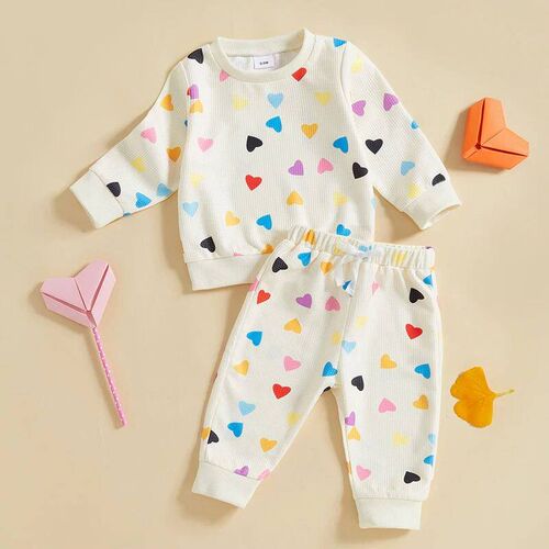 Toddler Baby Girl Waffle Outfits Heart Print Long Sleeve Swe