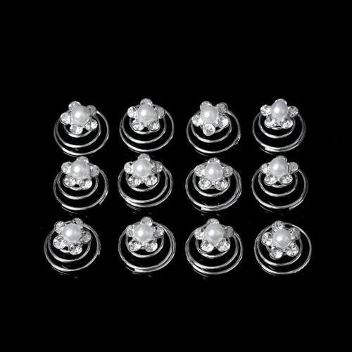 12Pcs Bridal HeaddressCrystal Pearl Flower Spiral Twist Hair
