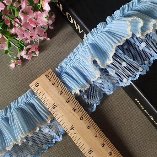 1Yard Blue Pleated Chiffon Embroidery Lace Fabric DIY Ribbon