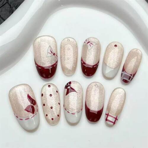 10pcs Purple Cats Eye Handmade Fake Nails Tips Glitter Mid-