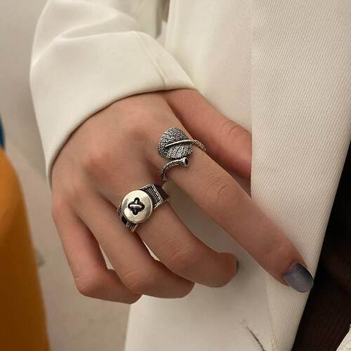 Anchor geometric leaf texture cross retro index finger ring