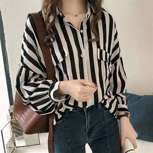 New Long Sleeve Women Shirts Blouses Loose Striped Female Sh