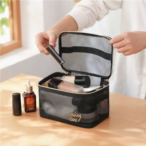 Fashion Black Nylon Mesh Cosmetic Bags Korean Love Heart Tra