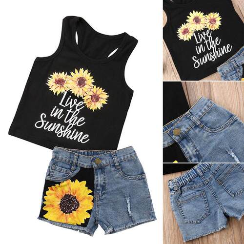 Sunflower Toddler Baby Girl Clothes Set Sleeveless letter Ve