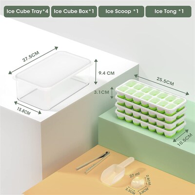 Ice Cube Tray with Lid and Bin Silicone Plastic Stackable