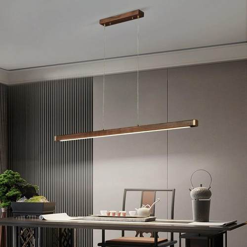 新中式餐厅吊灯黑胡桃实木灯具极简长条灯中式办公室吧台茶室吊灯