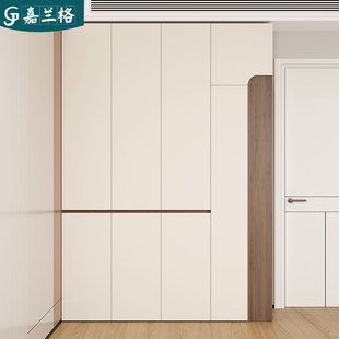 奶油风分段式 免拉手衣柜家用卧室一体靠墙衣橱衣帽间到顶衣柜定制