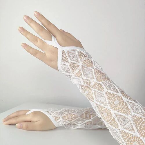 1 Pairs White Lace Embroidered Hollow-Out Gloves Women Sun P