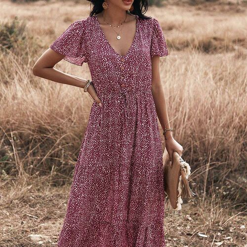 2023 Dot Print Ruffles Summer Dress Women Casual V Neck Draw