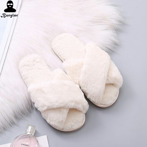 Women Warm Fluffy Slippers Cozy Faux Fur Cross Indoor Slides