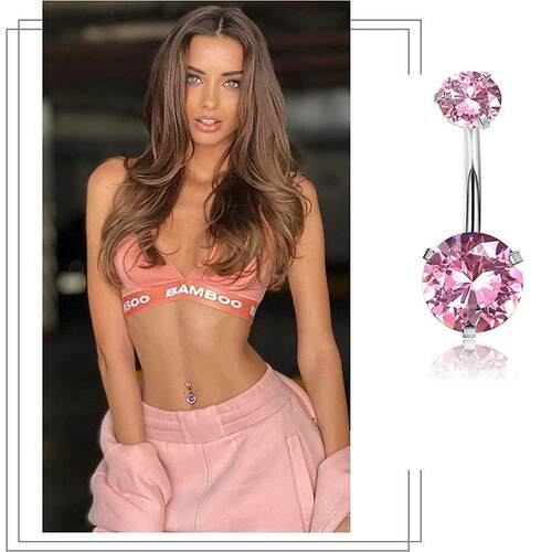 Steel Belly Button Rings Pink Crystal Piercing Navel Heart S