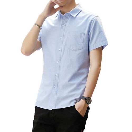 Summer Mens Short-sleeved Shirt Solid Color Slim-fit Casual