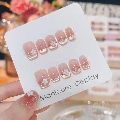 10Pcs French Cat Eye Handmade Press on Nails 3D Flower Fake
