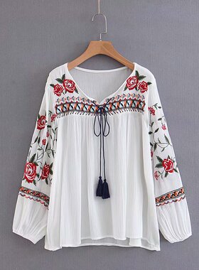 New Spring Autumn Fashion Ethnic V Neck Viscose Floral Embro