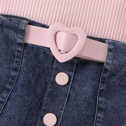 Girls High Neck Long Sleeve Ribbed Denim Pleated Skirt With