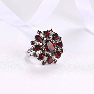 Hot Sale Classic Silver Color Inlaid Garnet Red Zircon Flowe