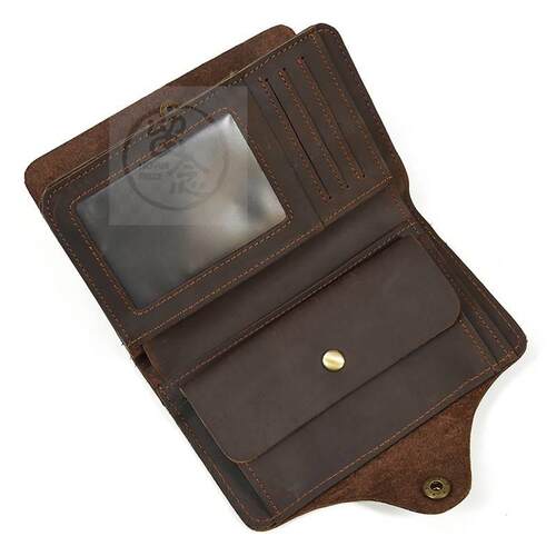 -Mens Leather Wallet Crazy Horse Leather Buckle Wallet Casu
