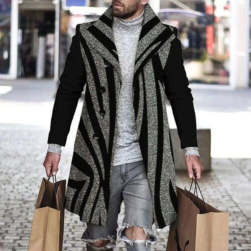 Autumn Winter Retro Print Woolen Coat Men Casual Single Brea