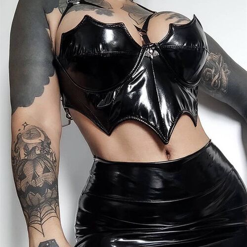 InsDoit Gothic Summer PU Black Camis Women Punk Grunge Sleev