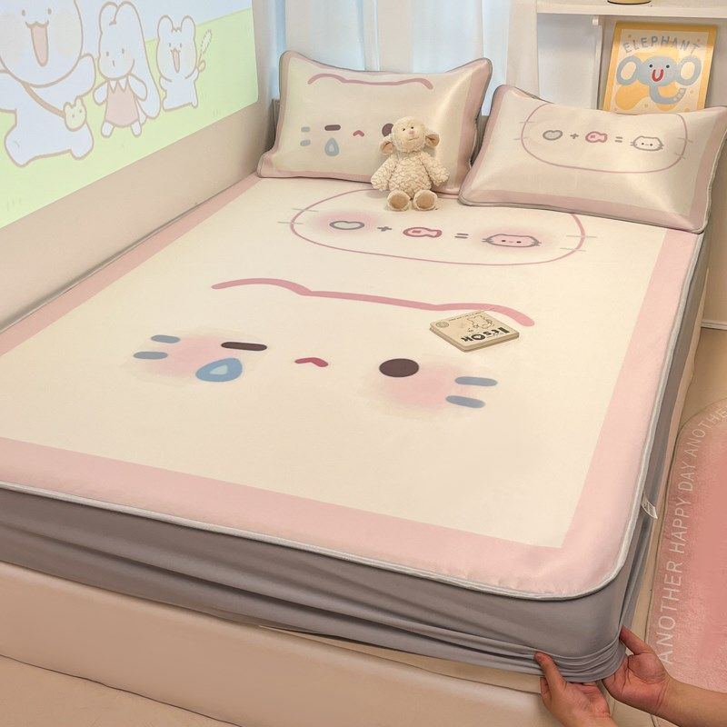 甜美粉猫咪牛奶凉感丝冰皮床笠凉席二三件宿舍裸睡亲肤空调软席,床上用品,冰丝席,淘宝优惠券,粉丝福利购,淘宝优惠卷