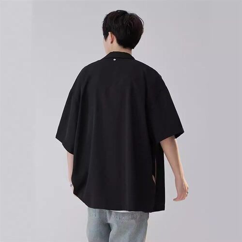 Black Zippered Openfront Shortsleeve Shirt for Teen Boys Ame