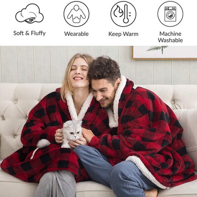 Winter Plush Fleece Wearable Hooded TV Blanket With Sleeves