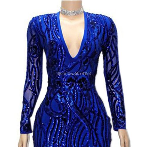 N215 Elegant royal blue fashion V-neck long sleeves zipper m