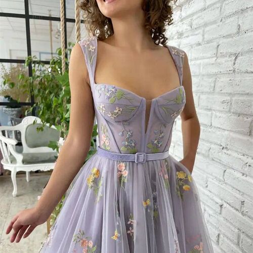 FDHAOLU Lavender Embroidery Prom Dresses Sweetheart Ankle Le