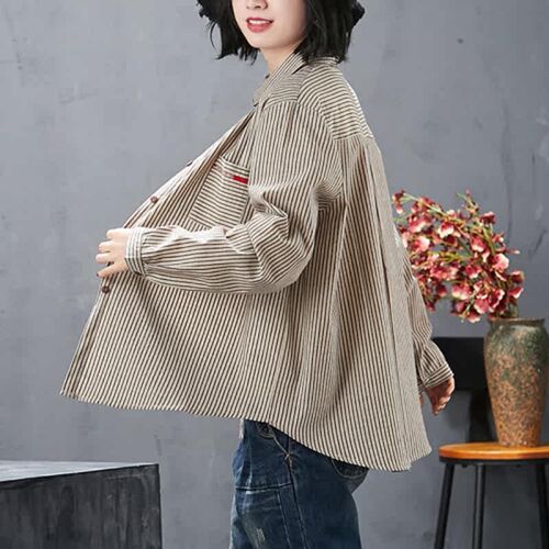 New Arrival Spring Women Loose Long Sleeve Striped Shirt Vin