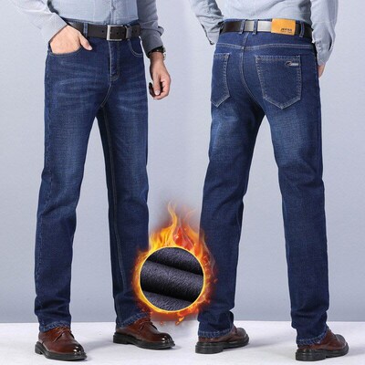 Winter Thick Warm Jeans for Men Relaxed Straight with Elasti