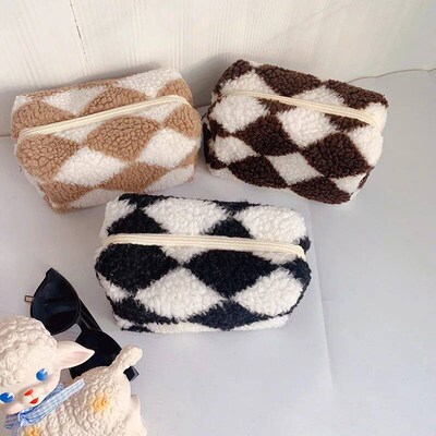 1 Pc Women Soft Plush Makeup Bag Zipper Checkerboard Cosmeti