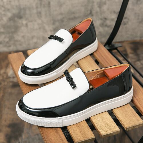 Men Vulcanized Shoes Black White  Slip-On Loafers Patent Lea
