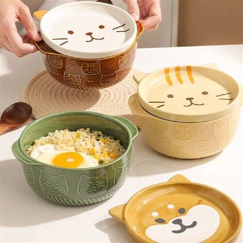 Cartoon Japanese Ceramic Cat Dog Noodle Bowls with Lids