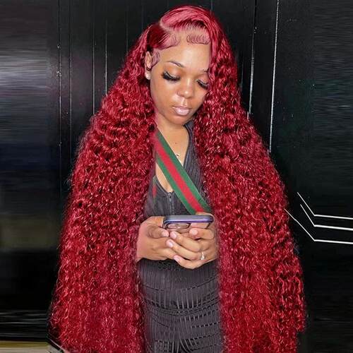 13x4 13x6 Deep Curly Lace Frontal Wig Transparent 99J Burgun