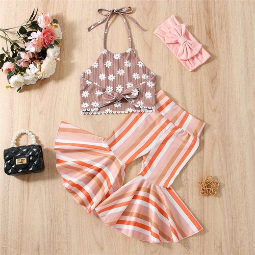 Girls 2025 Halterneck Top Striped Flared Pants Set 2025 Girl