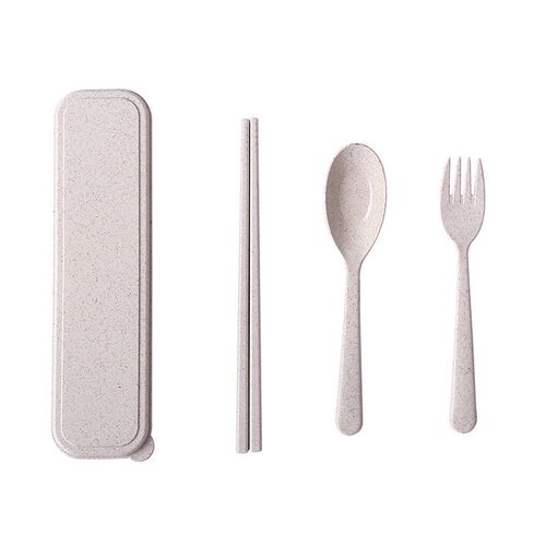 3PCS/Set Spoon Fork Chopsticks Set Wheat Straw Dinnerware Lu